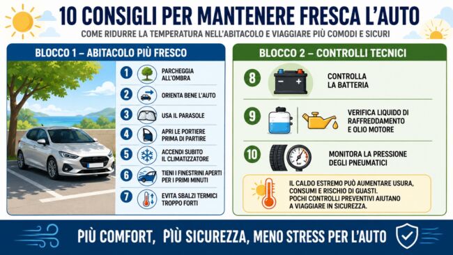 Caldo in auto: 10 consigli di Infomotori per viaggiare freschi e sicuri in estate